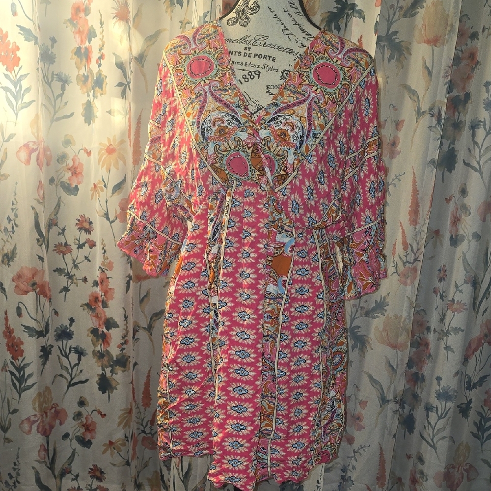Shein Pink Printed V-Neck Dress